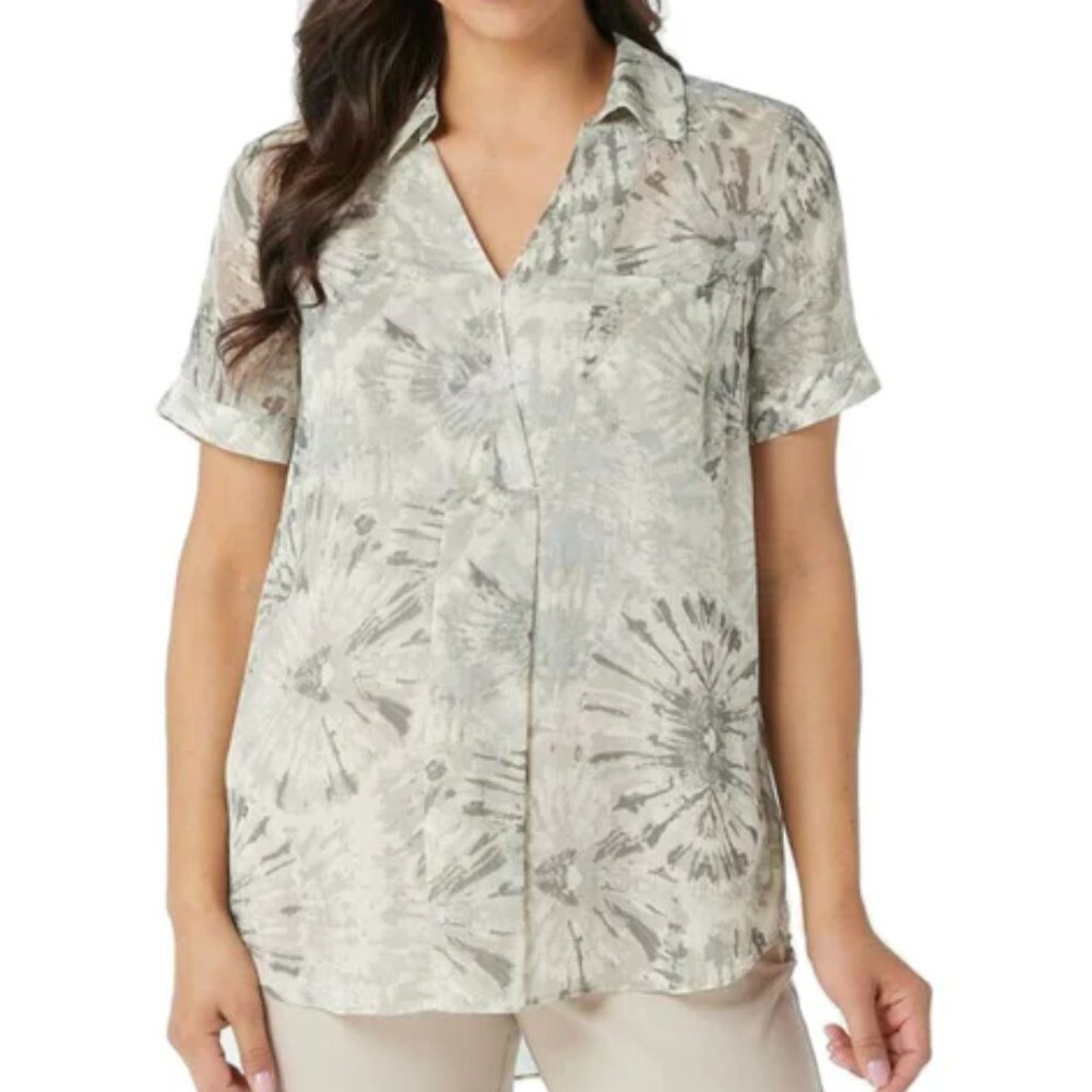 LOGO Lori Goldstein Gray Tie-Dye Woven Collared Short Sleeve Blouse